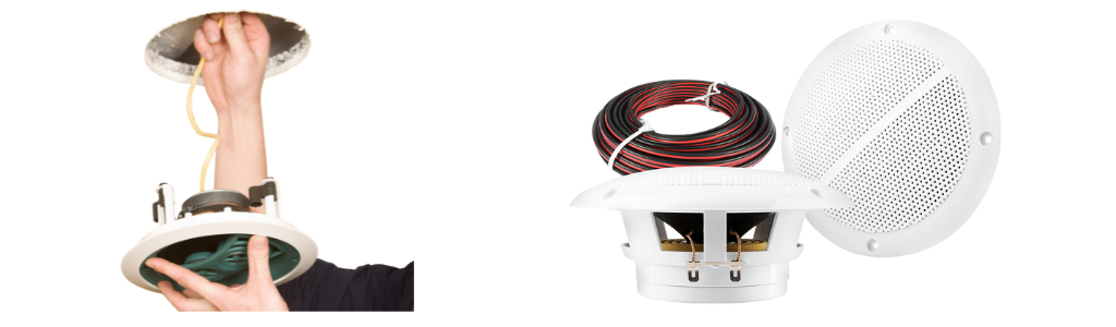 An in-ceiling speaker being installed