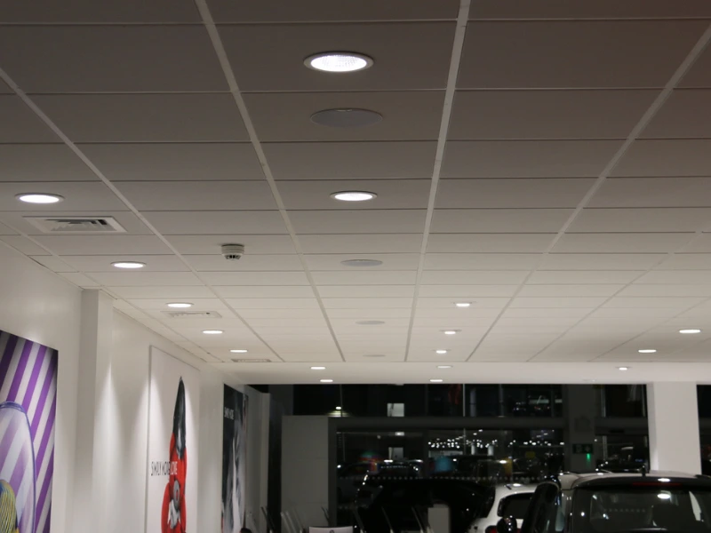 A Guide to 100 Volt Line Speaker Systems - Ceiling Speakers in a Car Showroom